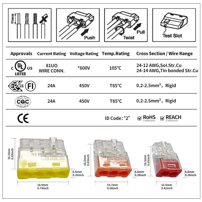DICIO 150pcs Wire connectors Nuts Push-in terminals UL Listed Quick Connect connectors kit Low Voltage Wire Electrical Connector for Wiring 2 3 4 Port 4 Gauge Connector Assortment Kit 24-14 AWG - Image 4